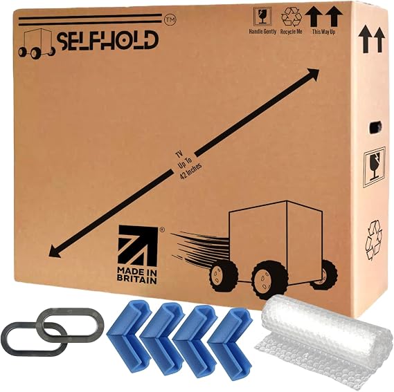 TV Box Kit for Moving House with Foam Corners & Bubble Wrap & Easy Grip Hand Holds - Available Size 22 inch to 85 inch - Double Wall Solid Cardboard TV Box (43 Inch)