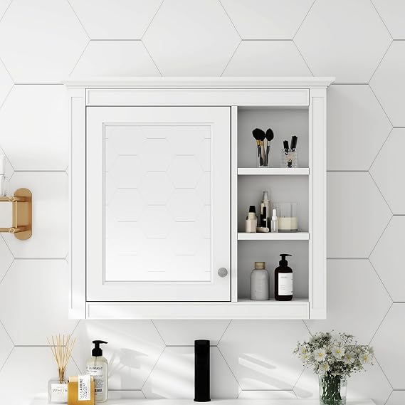 Medicine Cabinet,Wall Mounted Medicine Cabinet Bathroom Medicine Cabinet with Mirror, White Medicine Cabinet with 3 Open Shelves Medicine Cabinet Mirrors for Over Sink, Laundry Room, Kitchen