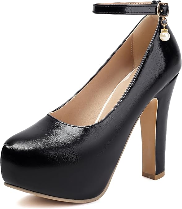 ForeMode Mary Jane Shoes High Heels Pumps Closed Round Toe Chunky Pump for Women Dress Shoes Wedding Party Pumps