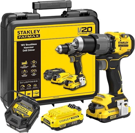 STANLEY FATMAX V20 akülü darbeli matkap, fırçasız, 18 V, 2 x 2,0 Ah pil, 1 şarj cihazı ve 1 x taşıma çantası/kit kutusu dahil