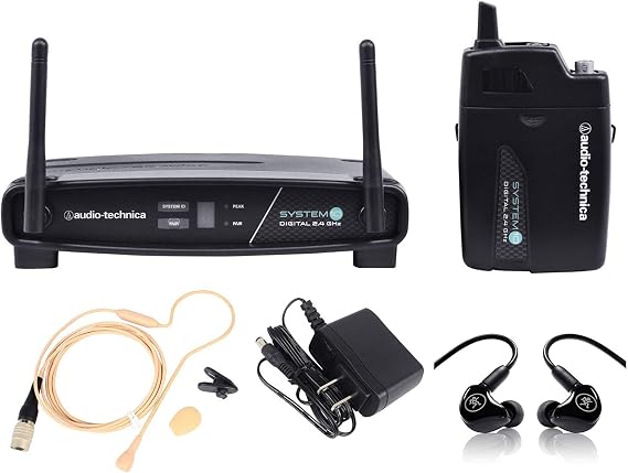 Audio Technica ATW-1101/H92-Th System 10 Wireless Beige Headset Mic System Bundle with Mackie MP-120 Single Dynamic Driver Professional in-Ear Monitors with Carry Case