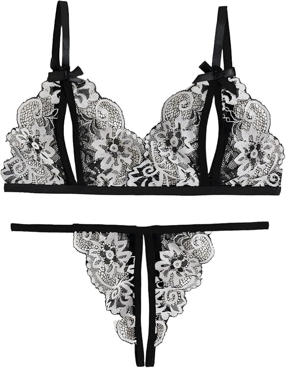 Lace Lingerie Set for Women:Sexy Bra and Panty Halter See Through Embroidered Valentines Outfits 2 Piece