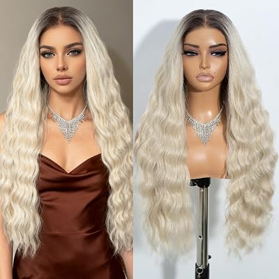Joedir 28 Long Wavy 13x4 Glueless HD Lacefrontal Wigs Pre Plucked Natural Hairline High Temperature Synthetic Front Wigs For WomenOmbre Blonde Highlight Color