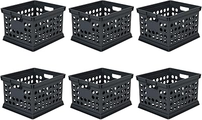 Sterilite Stackable Plastic Storage Crate Bin Organizer File Box with Handles for Home, Office, Dorm, Garage, or Utility Organization, Black, 6-Pack