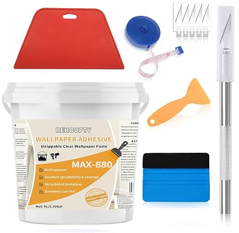 Wallpaper Adhesive 1.32Gal Tack Wall Paper Paste, Wall Paper Glue & Adhesive Wallpaper Smoothing Tools Kit, Clear Glue for Wallcovering Coverage of 500sq.ft. / 46m2
