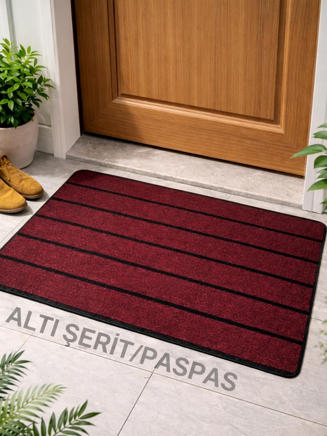 Beylini Şerit Desenli Kapı Önü Paspası Kaymaz taban Dayanıklı Su Geçirmez Emici Nem Toz UV Dayanıklı 45x70cm (Bordo)