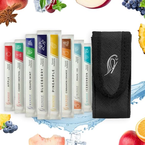 Wonder toothpicks with Flavor - 80 Individually Packaged toothpicks + 1 Leather case - Elegant Black Leather Cover - Belt Pouch for Our toothpicks (Leather case + 80-Single Pack)