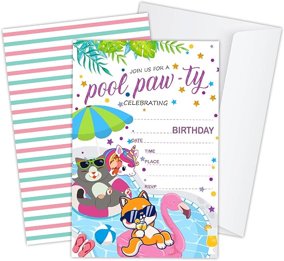 Splish Splash Pool Birthday Party Invitation, Pool Party Invitation Cards for Kids Girls Boys, Summer Swimming Birthday Party Celebration Supplies, 20 Invitations with Envelopes - JY745