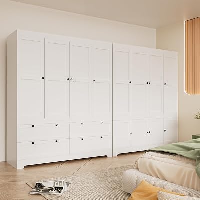 Large White Wardrobe Closet with Drawers, Modular Closet System with Doors and Hanging Rods, Tall Large Armoire Ample Storage, Big Bedroom Armoires 8 DoorsWhite