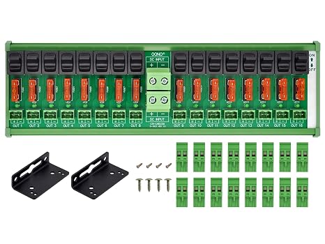 DC Power Distribution Module, Rocker Switch, Fused, Pluggable Top Wiring Terminal Block, DIN Rail and Screw Mount (16 Channel)