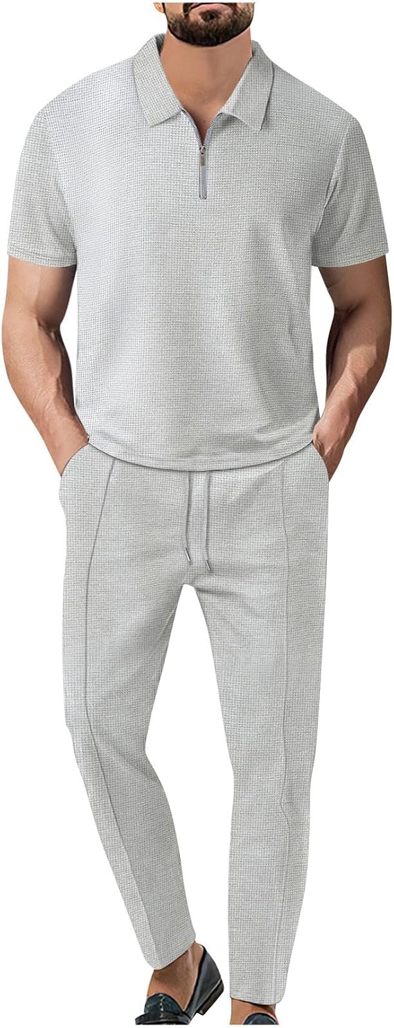 Men's Tracksuits 2 Piece Set Fashion Casual Athletic Jogging Outfits Quarter Zip Pullover Short Sleeve Track Suits