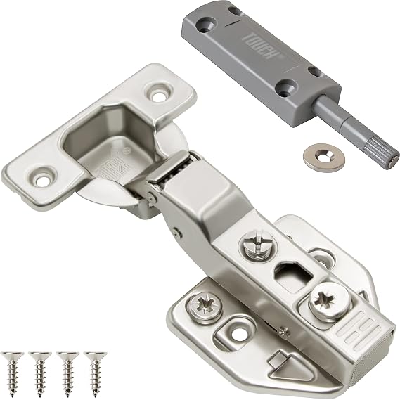 TOUCH Cabinet Hinges (1 Pair, 2 PCS) Half Overlay Soft Push to Open Cabinet Hardware Grey Magnetic Latch and Catch Push Release Opener for Kitchen Cupboard and Closets 3D Adjustable with Screws