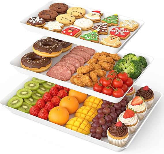 White Plastic Serving Trays 3 Pack, Rectangle Appetizer Platters for Party