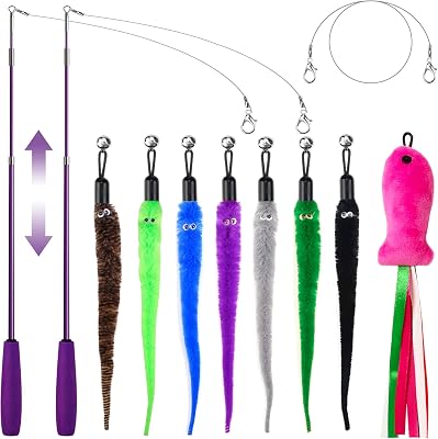 ZeyZoo Cat Toys for Indoor Cats, 11PCS Interactive Cat Toy Wand Pack, 2 Retractable Cat Wand & 7PCS Worm Teaser Refills, Plush Fish Kitten Toys, Cat Feather Fishing Pole Toy for Play Chase Exercise