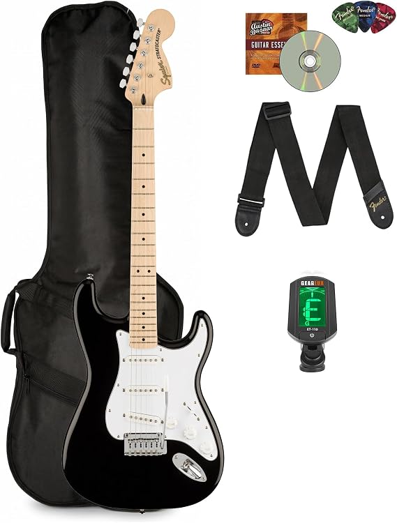 Fender Squier Affinity Stratocaster - Olympic Black Bundle with Gig Bag, Tuner, Strap, Picks, and Austin Bazaar Instructional DVD