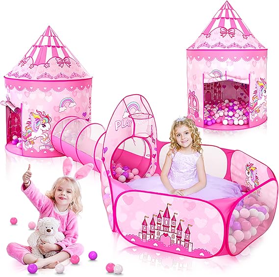 Kids Tent, 3-in-1 Ball Pool, Stylish, Children's Tent, For Girls, Indoor, 3-Piece Set, Princess Ball House, Tunnel and Basket Net, Foldable, Kids Tent, Birthday, Christmas, 3 Year Old, Present, Secret