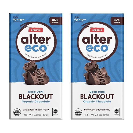 Alter Eco | Dark Blackout | 85% Pure Dark Cocoa, Fair Trade, Organic, Non-GMO, Gluten Free Dark Chocolate Bar, 2 Bars