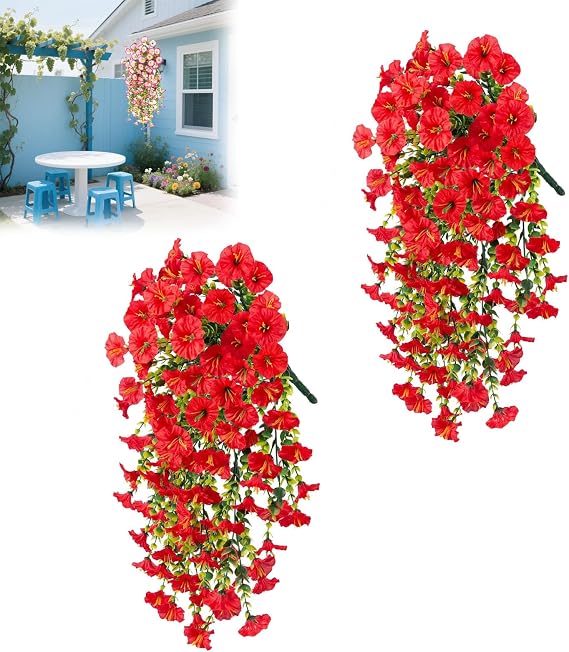 Artificial Hanging Morning Glory Flowers - UV Resistant Fake Plants for Outdoor Porch, Garden & Balcony Decor, 75cm Lifelike Silk Hanging Basket (C,one size)
