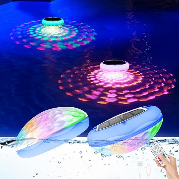 Solar and USB Rechargeable Floating Pool Lights, 2600mAh 6.7" IP68 Waterproof Pool Lights That Float with Remote, RGB 13 Colors Upper and Lower Glow Hangable Solar Floating Light for Outdoor 3 PCS
