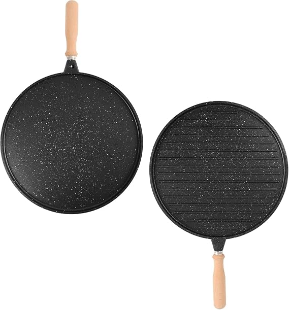 Orret Home 34 Cm Granit Döküm Çift Taraflı Gözleme ve Izgara Tavası Bazlama Tavası Çıkarılabilir Saplı Fırın Tepsisi Olarak Kullanılabilir