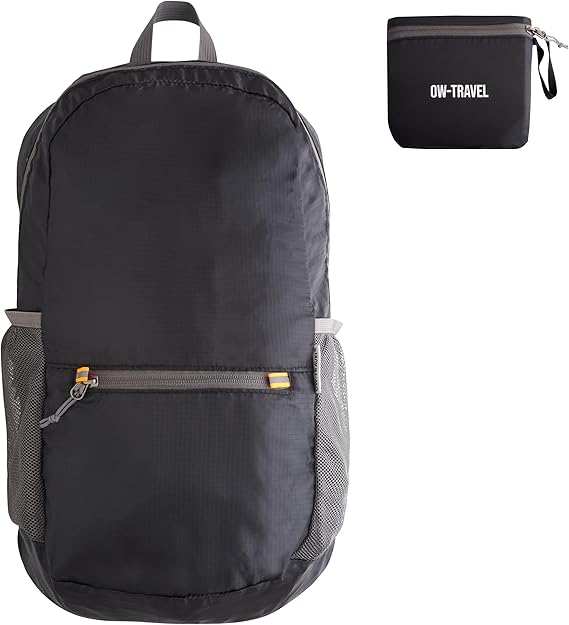 OW-Travel Lightweight Foldable Backpack, Packable Daypack 20l Black | Compact foldable rucksack, foldaway backpack storage for day trips, city breaks, shopping, holidays, travel for men and women