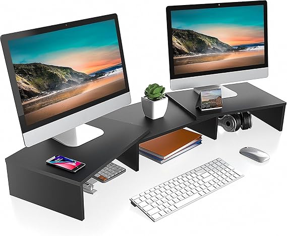 FITUEYES Dual Monitor Stand 3 Shelf Computer Monitor Riser, Wood Desktop Stand with Adjustable Length and Angle, Desk Accessories, Office Supplies Medium Black,DT108001WB