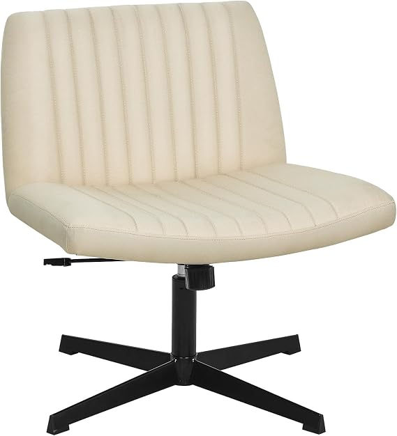 Criss Cross Chair, Armless Cross Legged Office Chair, Comfortable Vanity Chair with Back, Fabric Adjustable Wide Swivel Criss Cross Desk Chair for Home Office, Beige