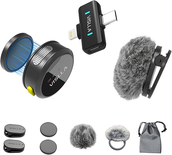 Vislla Mini Microphone for iPhone & Android, Furry Windscreen, Noise Cancelling Wireless Lavalier Microphone,Clip On Lapel Mini Mic Pro for Content Creators Vlogging/YouTube/Tiktok/Streaming/Interview