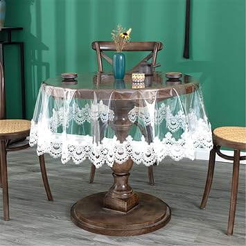 Small Clear Plastic Round Tablecloth Waterproof Vinyl PVC Tablecloth Embroidered Lace Edge Transparent Table Cover for Kitchen Outdoor and Indoor Uses-Round 32 inch, White
