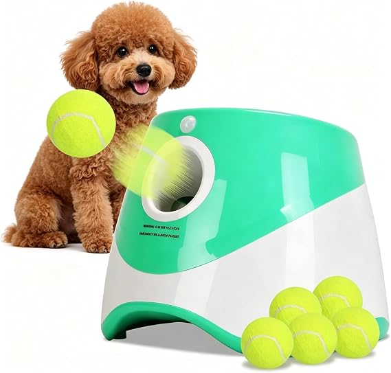 Automatic Dog Ball Launcher, Dog Ball Thrower Interactive Fetch Machine with 6 Tennis Balls 3 Adjustable Launch Distance for Small Medium Dogs