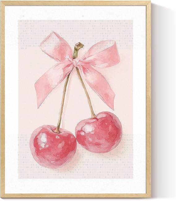 VIYYIEA Metal Framed Canvas Wall Art, Trendy Girls Room Pink Bow Cherries Art, Apartment Dorm Coquette Preppy Bedroom Whimsical Feminine Girly Decor, 12x16inch
