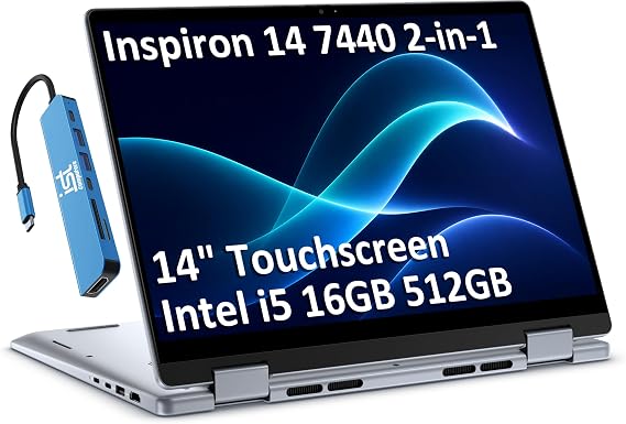 Dell Inspiron 14 7440 2-in-1 Laptop (14" FHD+ Touchscreen, Intel Core i5-1334U (> Ultra 5 115U), 16GB DDR5, 512GB SSD) for Business, Home, Student, 1080p Webcam, Backlit, Fingerprint, Win 11 Home