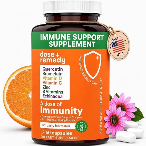 A Dose of Immunity - 7 in 1 Quercetin 500mg Supplement with Bromelain, Zinc, Vitamin C, Vitamin D & Vitamin B Complex Echinacea Immune Support Booster Supplements - 60 Count