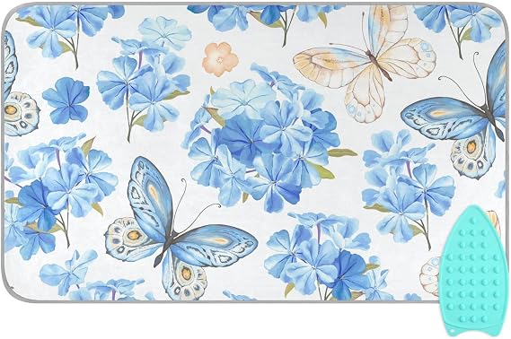 Blue Floral Butterfly Ironing Mat Portable Ironing Pad Blanket with Silicone Iron Rest for Table Top Travel Heat Resistant Double-Side Using Large 47x28 Inch Foldable