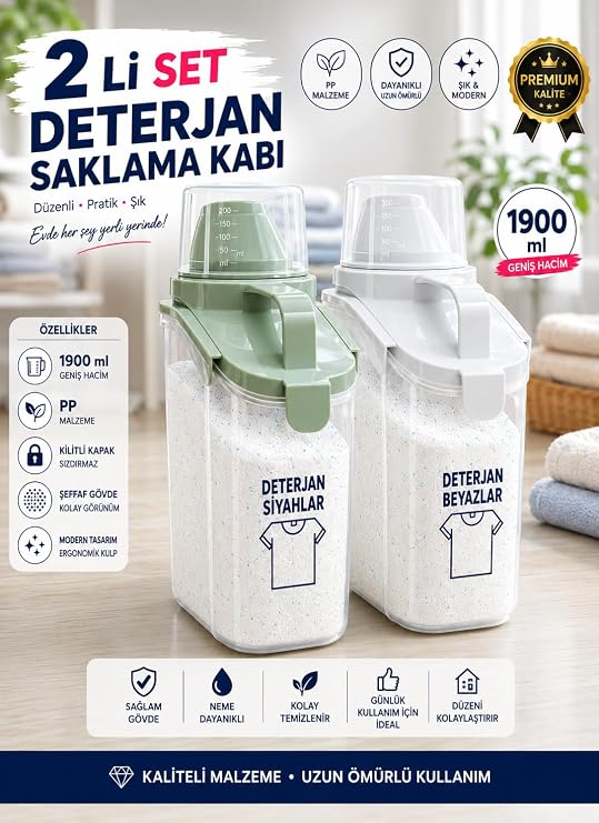 2’li Ölçekli 1900 ml Hava Almaz Toz Deterjan Saklama Kabı Çift Contalı Banyo Organizeri, Beyaz - Yeşil
