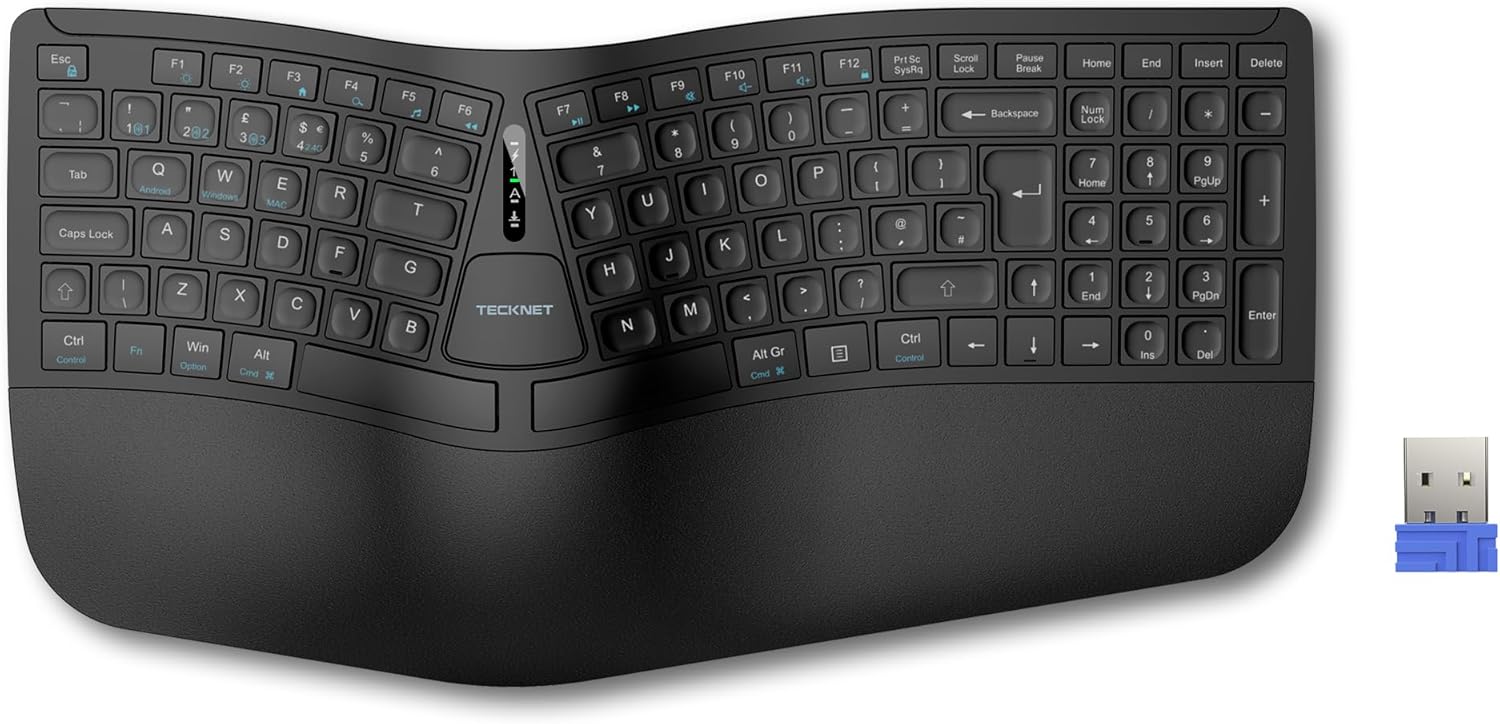 TECKNET Wireless Ergonomic Keyboard, 2.4G USB &amp; Bluetooth Rechargeable Keyboard, Wrist Rest, Natural Typing, Stain-Resistant Fabric, Ergonomic Split Keyboard Compatible for Windows Computer Laptop
