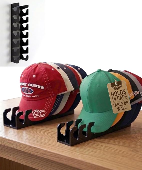 Table or Wall Hat Organizer Stand Display Rack. 14 Caps - Black 2-Pack | Acrylic-Style Baseball Cap Holder for Closet Shelf Plastic Hat Stand for Women and Men Space-Saving Cap Organizer Display