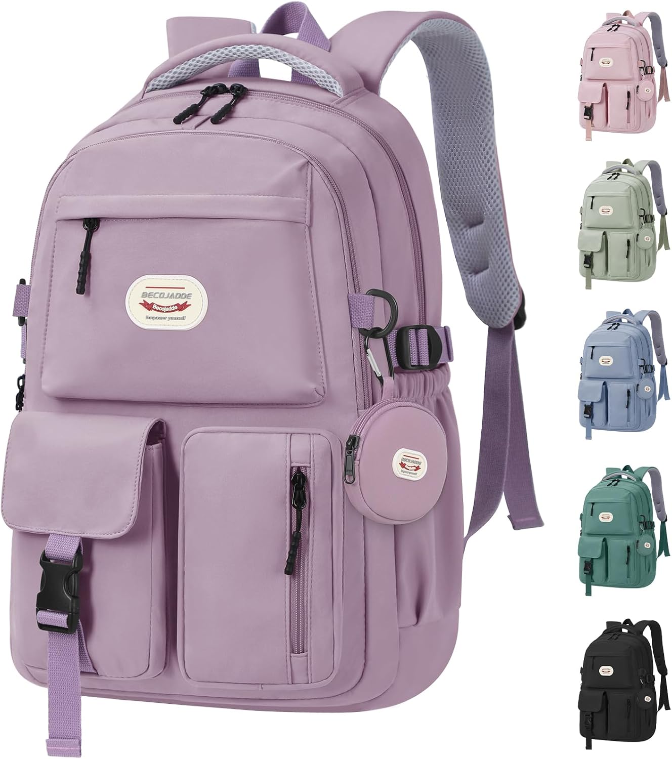 BECOJADDE Backpack School Bag Womens Girls with 15.6'' Laptop compartment, Water Resistant Rucksack with Coin Purse, Daypack for College, Work & Travel, Ideal for Teens & Students Purple 25L