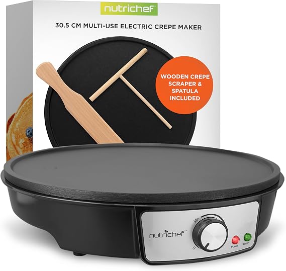 NutriChef Pancake Maker Electric Crepe Machine – Non-Stick 30 cm Hot Plate with Temperature Control & LED Light, Cook Crepes, Eggs, Omelettes | Includes Batter Spreader & Wooden Spatula