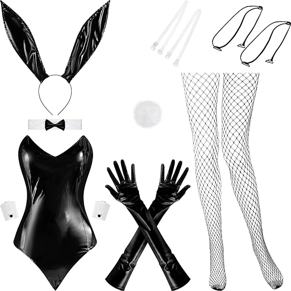BBTO 9 Pcs Bunny Outfit for Girl Halloween Tails Bodysuit Stockings Rabbit Costume Set for Women Party Bunny Suit