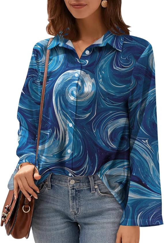 Summer Chiffon Shirt for Women Long Sleeve V Neck Collared Flowy Tops Button Down Print Lightweight Blouses Bohemian Loose Fit Business Work Casual Going Out Clothes Gradient Fluid Art,XL