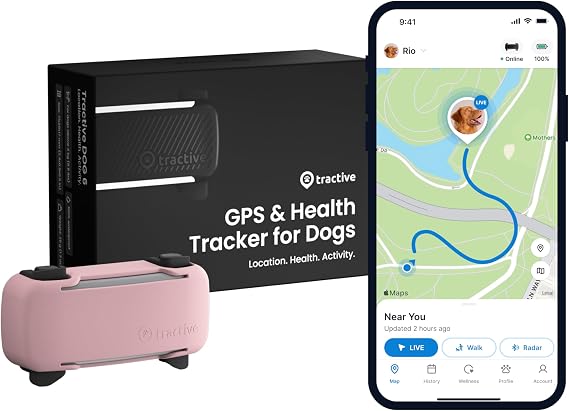Tractive GPS Dog Tracker (2025 Release) Real-time Pet Location Tracker | Health & Wellness Alerts | Virtual Fence for Dogs | Bark Monitoring (Black w/Pink Cover)
