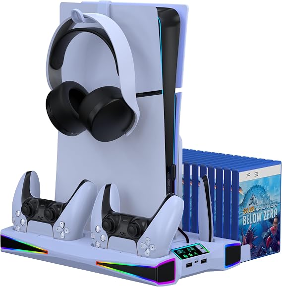 PS5/Slim/Pro Stand and Cooling Station with LED Controller Charging Station for Playstation 5 Console, 2H Fast PS5 Controller Charger, PS5 Accessories with 3 Levels Cooling Fan/Headset Holder