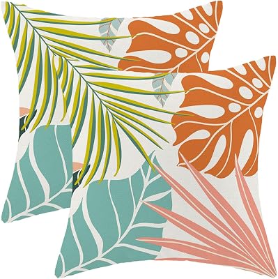 Summer Palm Leaf Pillow Covers 18 x 18 Inch Set of 2 Coral Orange Monstera Green Blue Tropical Leaf Throw Pillows Botanical Outdoor Decorative Pillowcase Linen Cushion Cases for Bed Sofa Couch