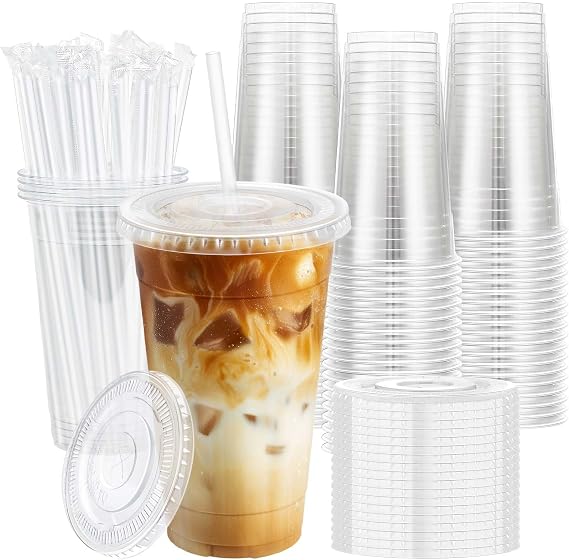 100 Pack 20 oz Plastic Cups, Clear Disposable Iced Coffee Cups | with Lids and Straws, BPA-Free Leak-Proof, Smoothies Milkshakes Juice, Sturdy Crystal Clear, Home Office Party