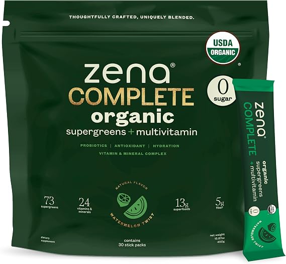 Zena Complete Organic Super Greens Powder & Multivitamin, 90+ Supergreens, Fruits, Veggies, 0 Sugar, 5G Fiber, Pre & Probiotics, Watermelon Citrus Flavor, 30 Packets