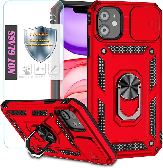 YmhxcY Mobile Phone Case for iPhone 11 [with 1 Piece Protective Film] 360° Rotating Metal Stand Shockproof Protective Hard Shell with Camera Protection for iPhone 11 Case Red