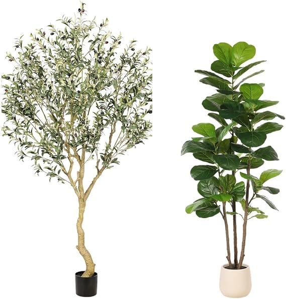 Realead 7FT Olive Trees Artificial Indoor + 6ft Fiddle Leaf Fig Tree Artificial with Tall Exquisite Planter