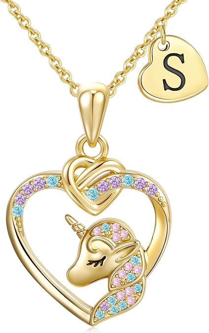Stocking Stuffers for Teen Girls Kids - 14K Gold Plated Heart Initial Unicorn Necklace Teen Girls Gifts Trendy Stuff Birthday Gift Christmas Gifts for Grandkids Kids