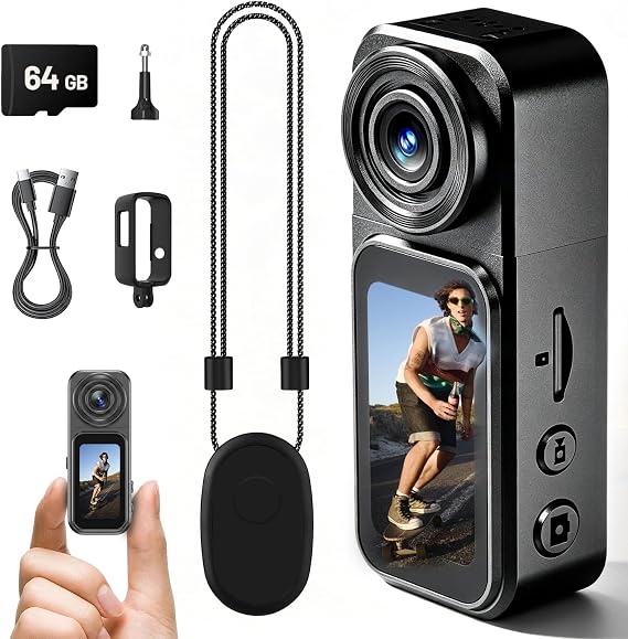 4K Mini Body Camera with Audio and Video Recording, 64GB Wearable POV Action Cam with 1.47" Screen, 180 Rotating Lens, Magnetic & Clip Mount, Thumb-Size Sports Camera for Outdoor, Travel, Pets